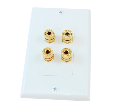 Wallplate: 2 Speaker (4 input jacks) for Banana Plugs Gold Pltd, White