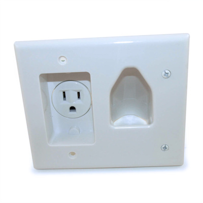 Wall plate: Cable Pass-thru Media Plate with 110v Recessed, White